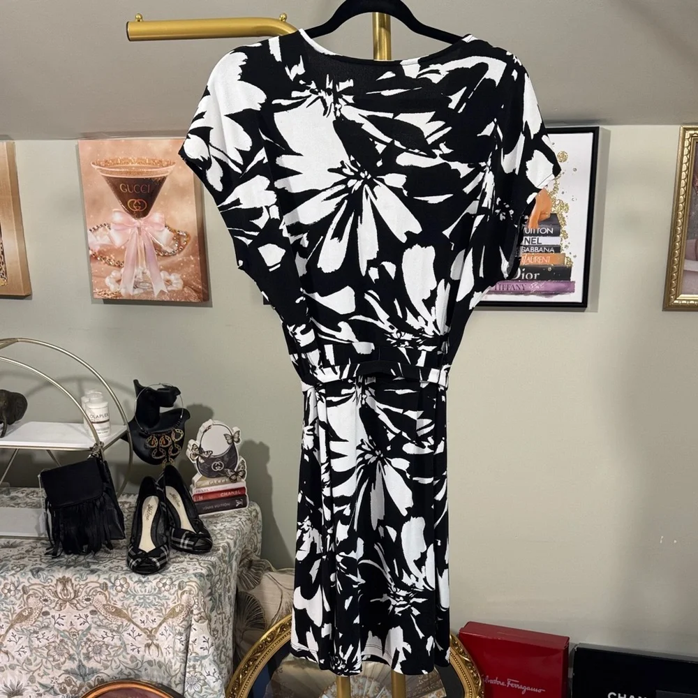 Nine West Black and White Floral Midi Faux Wrap Dress - Picture 3 of 8